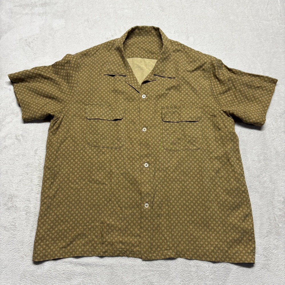 Buck Mason Men's XL Draped Linen Deuce Coupe Camp Shirt Olive Diamond Print